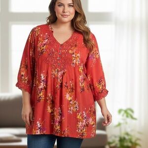 Roaman's Boho Floral Lace Coral Red Tunic Top Embroidered Lace Size 28W